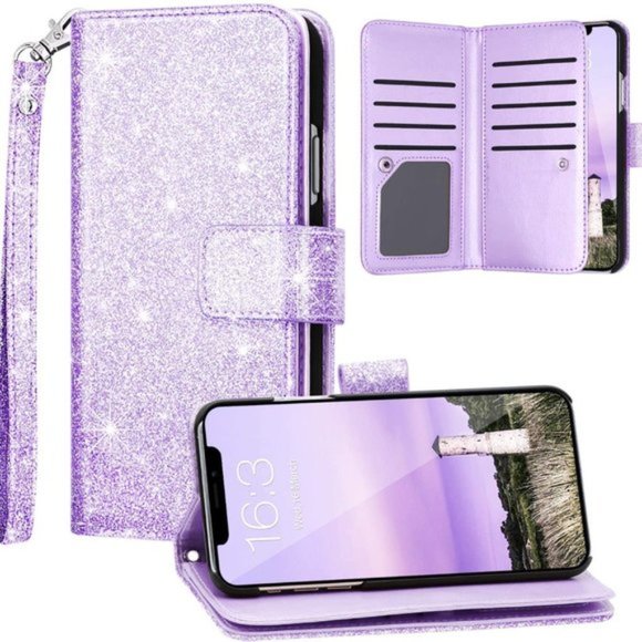 PHONE 11 6.1" GILTTER PURPLE FLIP WALLET WRIST STRAP CARD HOLDER - Picture 1 of 16